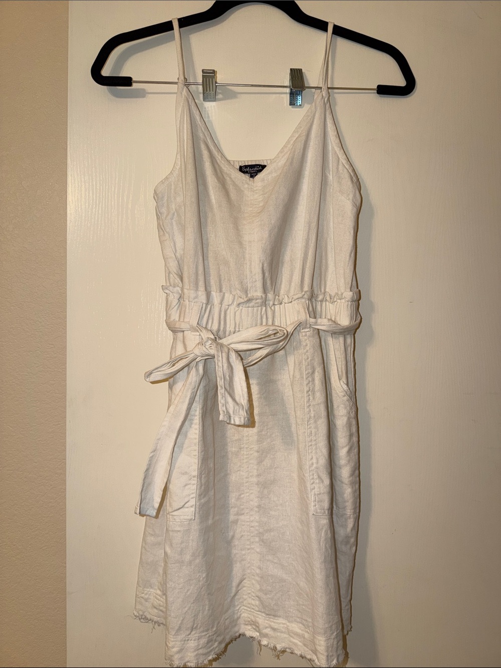 Splendid Linen blend White Spaghetti-Strap Tie-Waist Dress